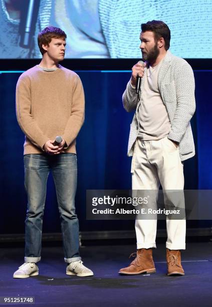 Actor Lucas Hedges and director Joel Edgerton speak onstage during the CinemaCon 2018- Focus Features Presentation at Caesars Palace during...