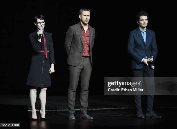 Actors Claire Foy, Ryan Gosling and director Damien Chazelle speak onstage during CinemaCon 2018 Universal Pictures Invites You to a Special...