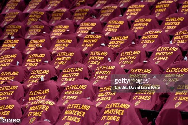Shirts are laid for Cleveland Cavaliers fans before the game against the Indiana Pacers in Game Five of Round One of the 2018 NBA Playoffs between...