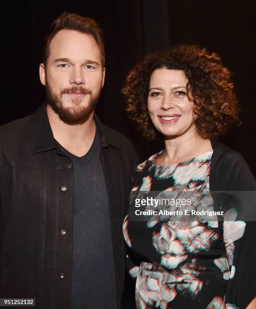 Actor Chris Pratt and Chairman of Universal Pictures Donna Langley attend CinemaCon 2018 Universal Pictures Invites You to a Special Presentation...