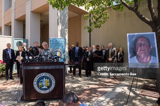 Bruce Harrington, whose brother Keith Harrington and his wife, Patty, were viticms of the Golden State Killer, speak to the media after Sheriff Scott...