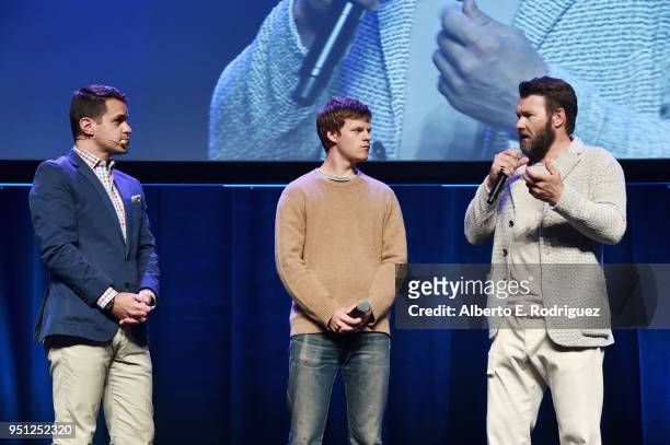 Actors Dave Karger, Lucas Hedges and director Joel Edgerton speak onstage during the CinemaCon 2018- Focus Features Presentation at Caesars Palace...