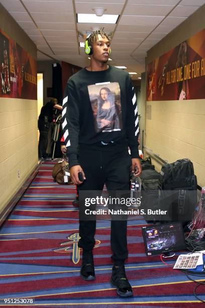 Myles Turner of the Indiana Pacers enters the arena before the game against the Cleveland Cavaliers in Game Five of Round One of the 2018 NBA...