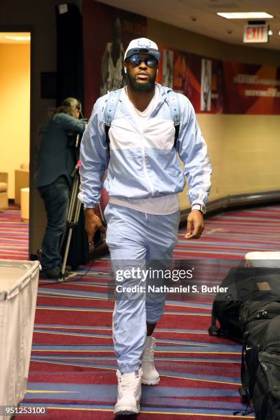 Trevor Booker of the Indiana Pacers enters the arena before the game against the Cleveland Cavaliers in Game Five of Round One of the 2018 NBA...