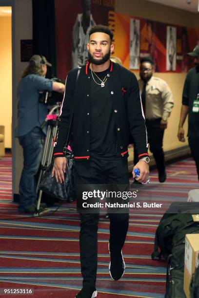 Cory Joseph of the Indiana Pacers enters the arena before the game against the Cleveland Cavaliers in Game Five of Round One of the 2018 NBA Playoffs...