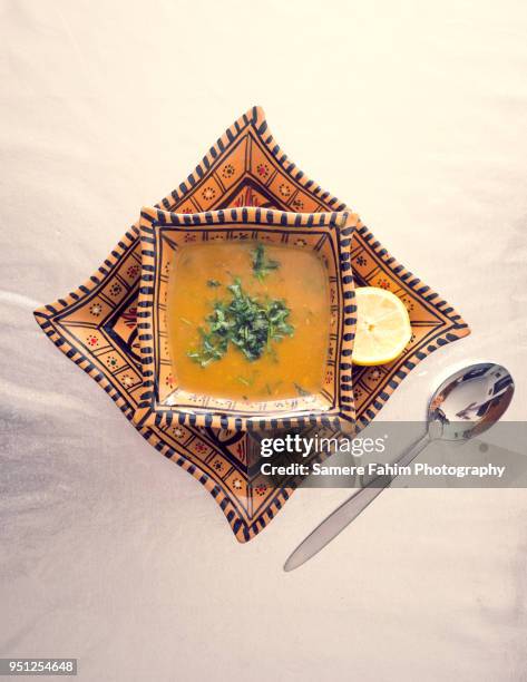 harira soup served on bowl - flat leaf parsley stock pictures, royalty-free photos & images