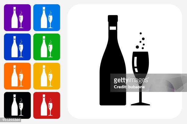 champagner-flasche und glas symbol square buttonset - schaumwein stock-grafiken, -clipart, -cartoons und -symbole