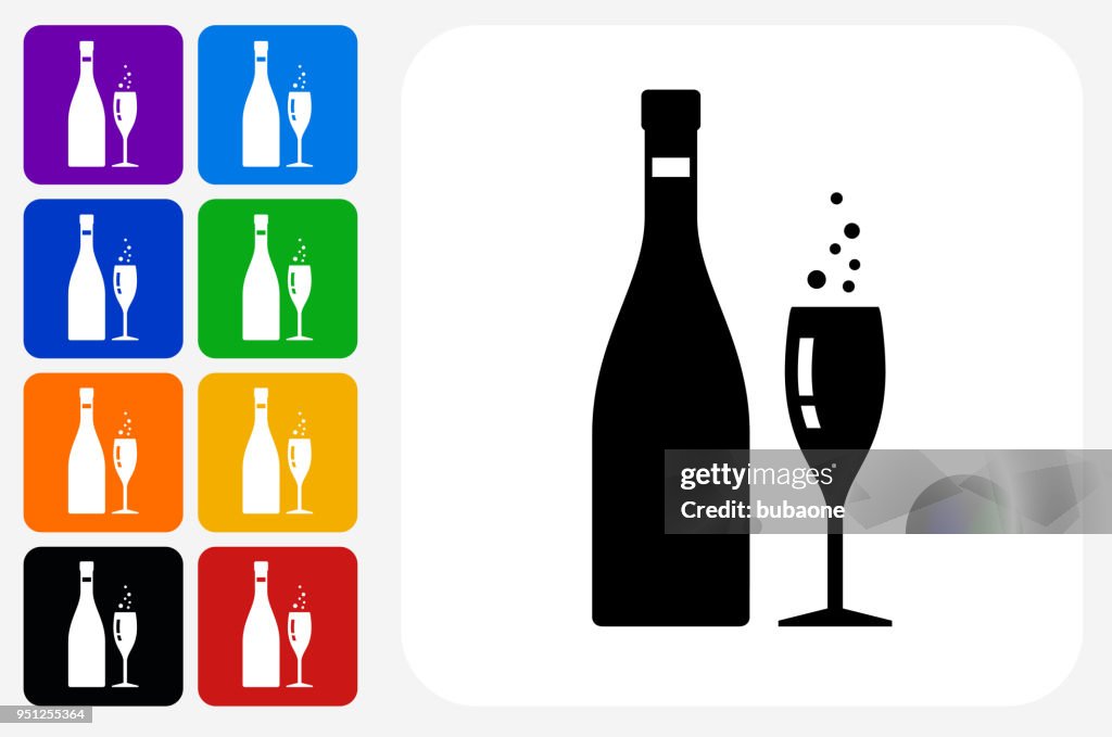 Champagne fles en glas pictogram vierkante knop Set