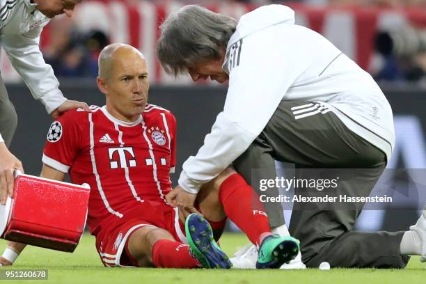 Arjen Robben of Muenchen gets injured during the UEFA Champions League Semi Final First Leg match between Bayern Muenchen and Real Madrid at the...