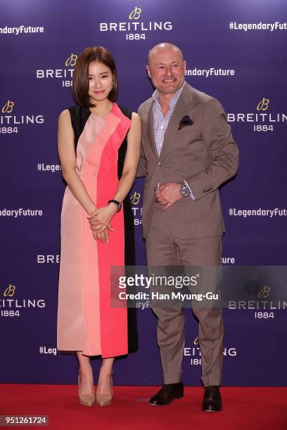 Actress Shin Se-Gyeong and Breitling CEO Georges Kern attend the photocall for 'BREITLING' launch on April 25, 2018 in Seoul, South Korea.