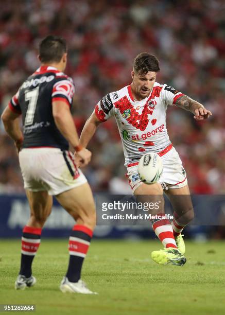 Gareth Widdop of the Dragons kicks during the round eight NRL match between the St George Illawara Dragons and Sydney Roosters at Allianz Stadium on...