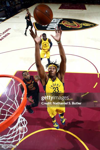 Myles Turner of the Indiana Pacers grabs the rebound against the Cleveland Cavaliers in Game Five of Round One of the 2018 NBA Playoffs on April 25,...