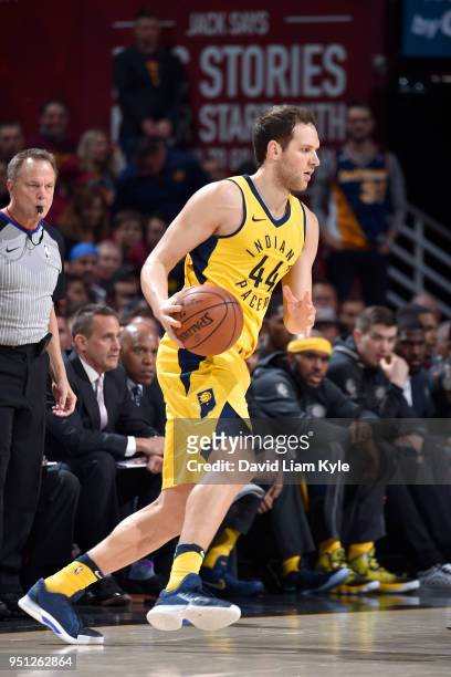 Bojan Bogdanovic of the Indiana Pacers handles the ball against the Cleveland Cavaliers in Game Five of Round One of the 2018 NBA Playoffs between...