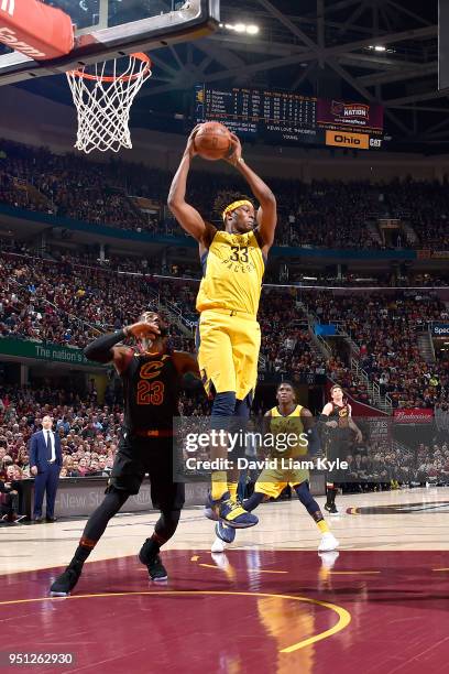Myles Turner of the Indiana Pacers grabs the rebound against the Cleveland Cavaliers in Game Five of Round One of the 2018 NBA Playoffs between the...