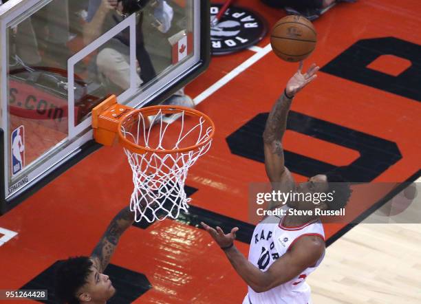 Toronto Raptors guard DeMar DeRozan puts up a shot as the Toronto Raptors play game five of their first round of the NBA playoffs against the...