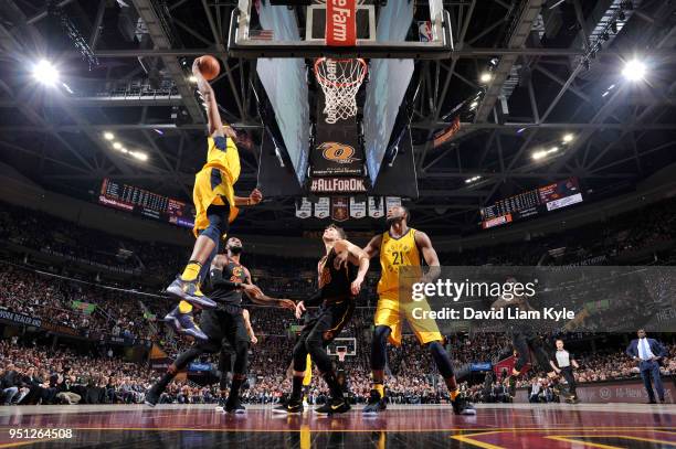 Myles Turner of the Indiana Pacers dunks the ball against the Cleveland Cavaliers in Game Five of Round One of the 2018 NBA Playoffs between the...