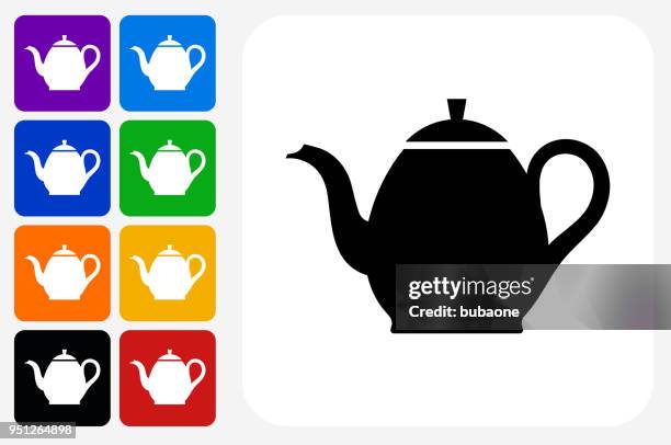 tea pot icon square button set - red kettle stock illustrations