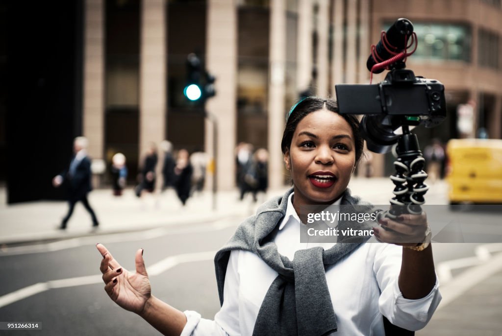 Businesswoman vlogging in London