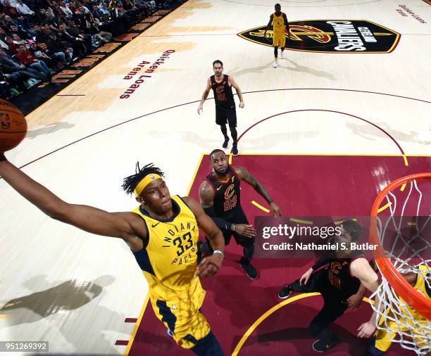 Myles Turner of the Indiana Pacers goes to the basket against the Cleveland Cavaliers in Game Five of Round One of the 2018 NBA Playoffs on April 25,...