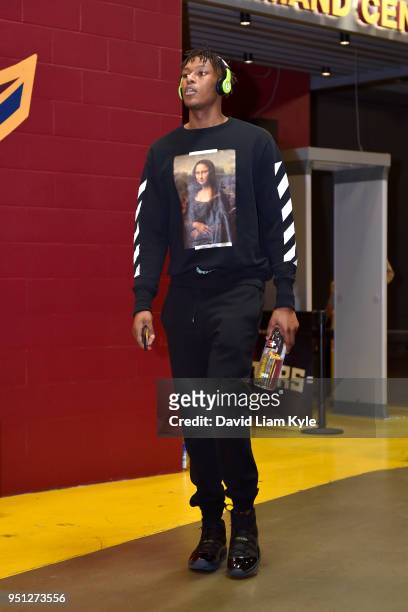Myles Turner of the Indiana Pacers arrives at the stadium before the game against the Cleveland Cavaliers in Game Five of Round One of the 2018 NBA...
