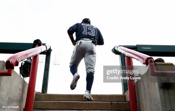 Ronald Acuna of the Atlanta Braves takes the field against the Cincinnati Reds at Great American Ball Park on April 25, 2018 in Cincinnati, Ohio.