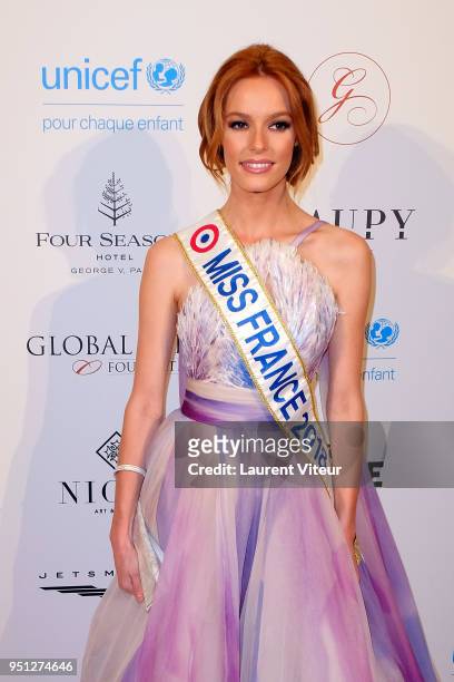 Miss France 2018 Maeva Coucke attends "Global Gift Gala Paris 2018 at Four Seasons Hotel George V on April 25, 2018 in Paris, France.