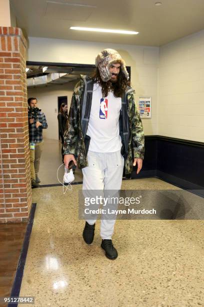 Steven Adams of the Oklahoma City Thunder arrives before the game against the Utah Jazz in Game Five of Round One of the 2018 NBA Playoffs on April...
