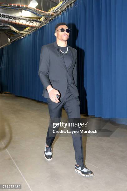 Russell Westbrook of the Oklahoma City Thunder arrives before the game against the Utah Jazz in Game Five of Round One of the 2018 NBA Playoffs on...