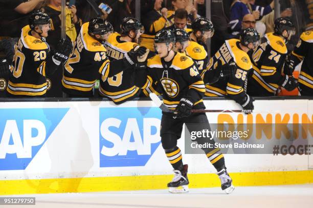 Danton Heinen of the Boston Bruins celebrates his goal against the Toronto Maple Leafs in Game Seven of the Eastern Conference First Round in the...