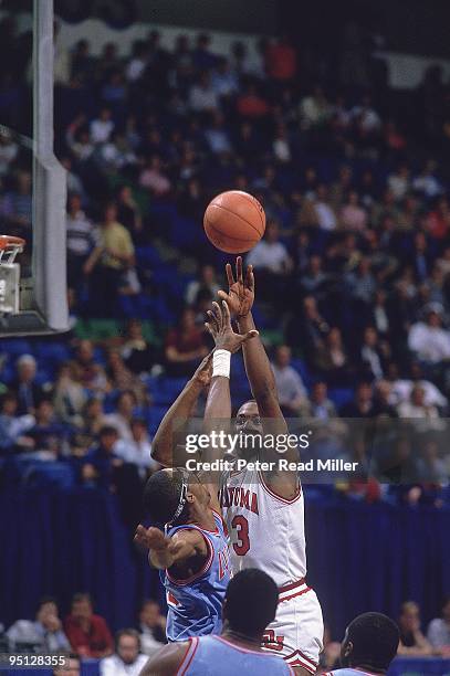 Playoffs: Oklahoma Wayman Tisdale in action, shot vs Louisiana Tech. Dallas, TX 3/21/1985 CREDIT: Peter Read Miller