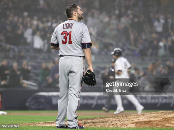 Lance Lynn of the Minnesota Twins reacts after he gave up a three run home run to Tyler Austin of the New York Yankees at Yankee Stadium on April 25,...