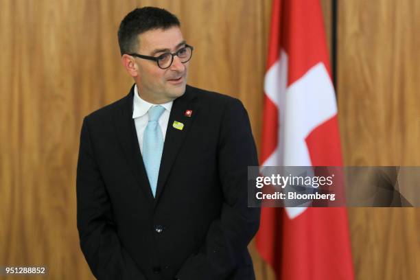 Andrea Semadeni, Switzerland's ambassador to Brazil, stands during a ceremony of accreditation at the Planalto Palace in Brasilia, Brazil, on...