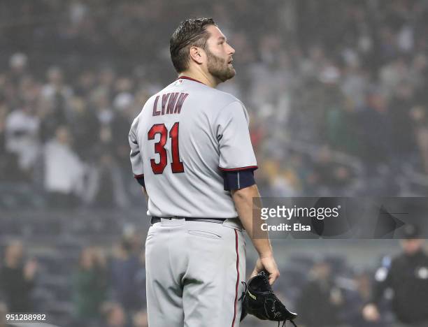 Lance Lynn of the Minnesota Twins reacts to a three run home run from Tyler Austin of the New York Yankees in the third inning at Yankee Stadium on...