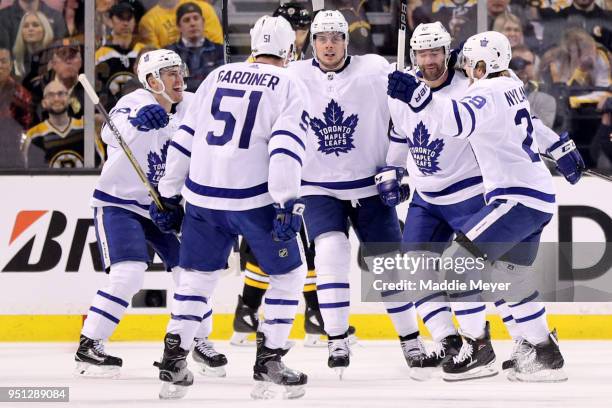 Patrick Marleau of the Toronto Maple Leafs, second from left, celebrates with William Nylander, Auston Matthews, Jake Gardiner and Andreas Johnsson...