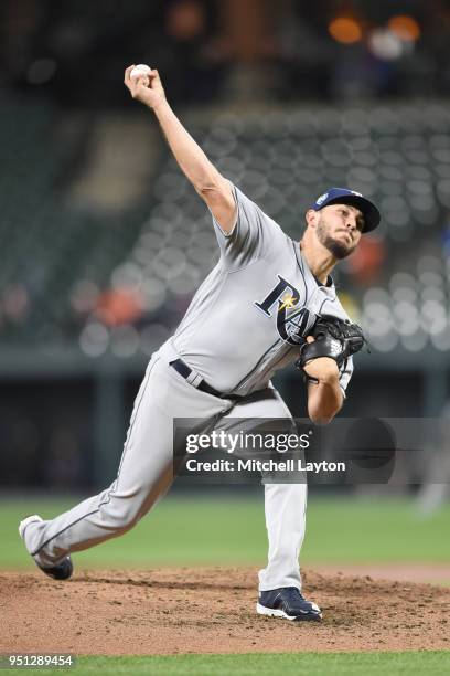 Jacob Faria of the Tampa Bay Rays pitches in the third inning during a baseball game against the Baltimore Orioles at Oriole Park at Camden Yards on...