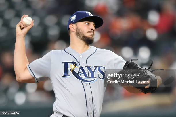 Jacob Faria of the Tampa Bay Rays pitches in second inning during a baseball game against the Baltimore Orioles at Oriole Park at Camden Yards on...