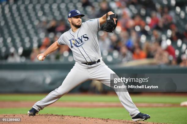 Jacob Faria of the Tampa Bay Rays pitches in first inning during a baseball game against the Baltimore Orioles at Oriole Park at Camden Yards on...