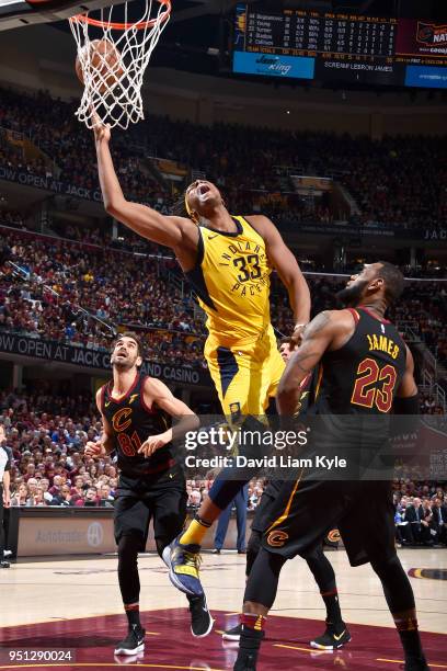 Myles Turner of the Indiana Pacers shoots the ball against the Cleveland Cavaliers in Game Five of Round One of the 2018 NBA Playoffs between the...