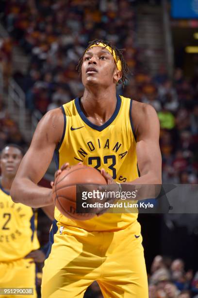 Myles Turner of the Indiana Pacers shoots the ball against the Cleveland Cavaliers in Game Five of Round One of the 2018 NBA Playoffs between the...
