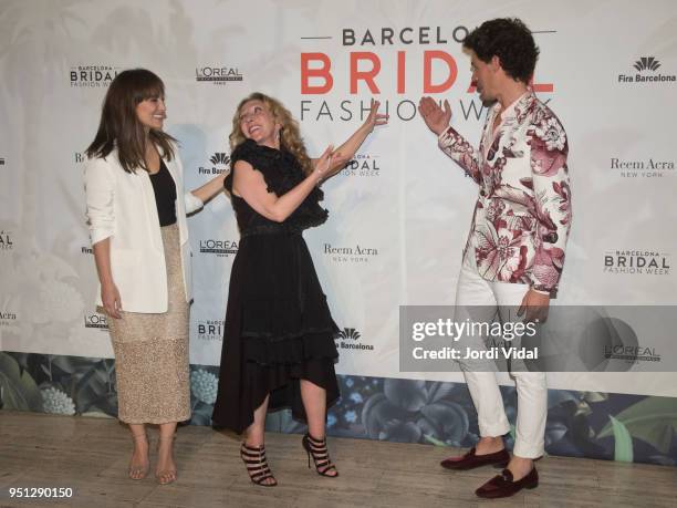 Tamara Falco and designers Reem Acra and Juan Avellaneda attend the press after the presentation of Reem Acra new collection during Barcelona Bridal...