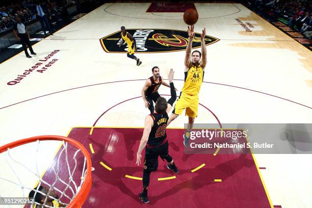 Bojan Bogdanovic of the Indiana Pacers shoots the ball against the Cleveland Cavaliers in Game Five of Round One of the 2018 NBA Playoffs on April...