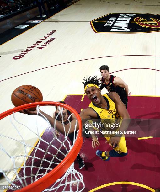 Myles Turner of the Indiana Pacers goes to the basket against the Cleveland Cavaliers in Game Five of Round One of the 2018 NBA Playoffs on April 25,...