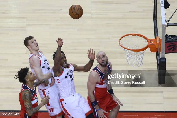 Toronto Raptors guard DeMar DeRozan puts up a shot as the Toronto Raptors play game five of their first round of the NBA playoffs against the...