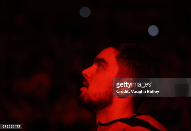 Tomas Satoransky of the Washington Wizards looks on during player introductions, prior to the first half of Game Five against the Toronto Raptors in...