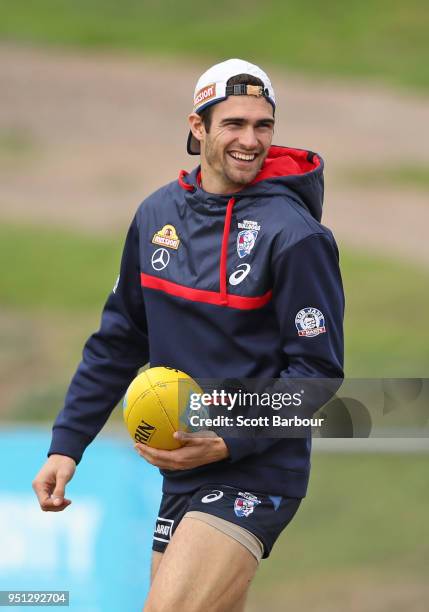 Easton Wood of the Bulldogs looks on during a Western Bulldogs AFL training session at Whitten Oval on April 26, 2018 in Melbourne, Australia.