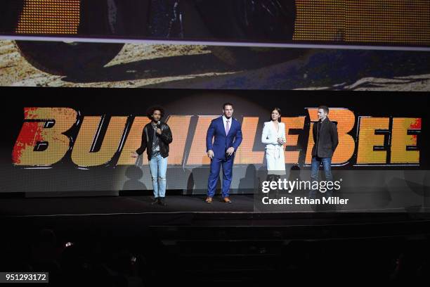 Actors Jorge Lendeborg Jr., John Cena, Hailee Steinfeld and director Travis Knight speak onstage during the CinemaCon 2018 Paramount Pictures...