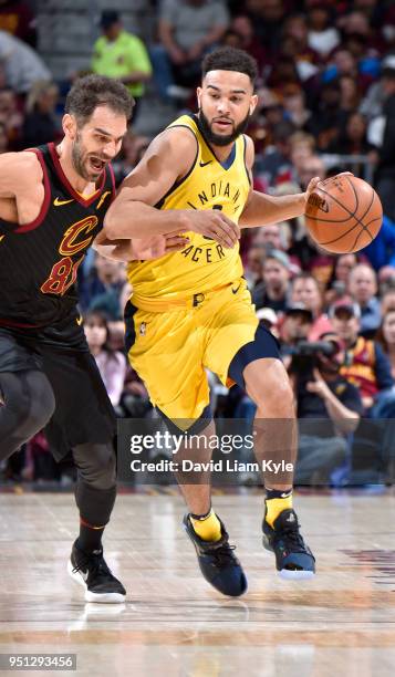 Cory Joseph of the Indiana Pacers handles the ball against the Cleveland Cavaliers in Game Five of Round One of the 2018 NBA Playoffs between the...