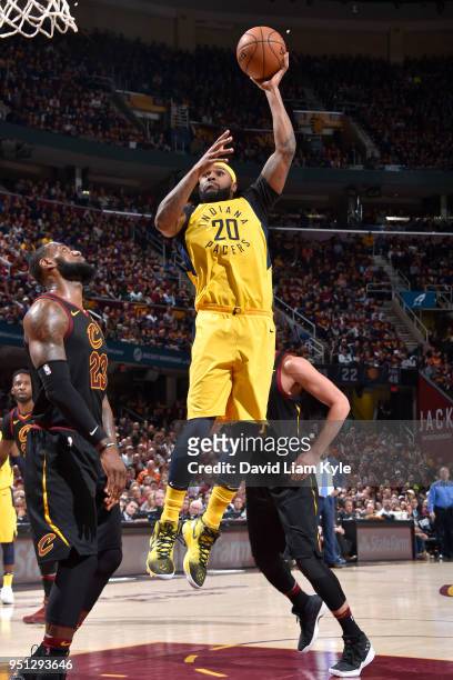 Trevor Booker of the Indiana Pacers shoots the ball against the Cleveland Cavaliers in Game Five of Round One of the 2018 NBA Playoffs between the...