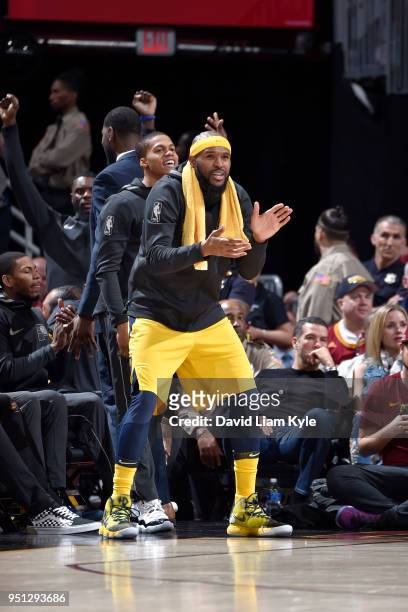 Trevor Booker of the Indiana Pacers cheers during the game against the Cleveland Cavaliers in Game Five of Round One of the 2018 NBA Playoffs between...