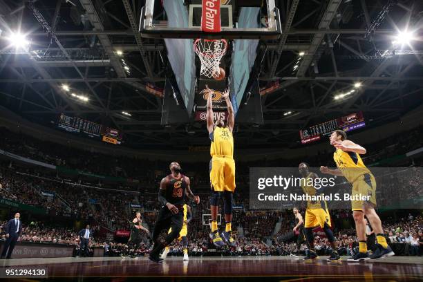 Myles Turner of the Indiana Pacers grabs the rebound against the Cleveland Cavaliers in Game Five of Round One of the 2018 NBA Playoffs on April 25,...